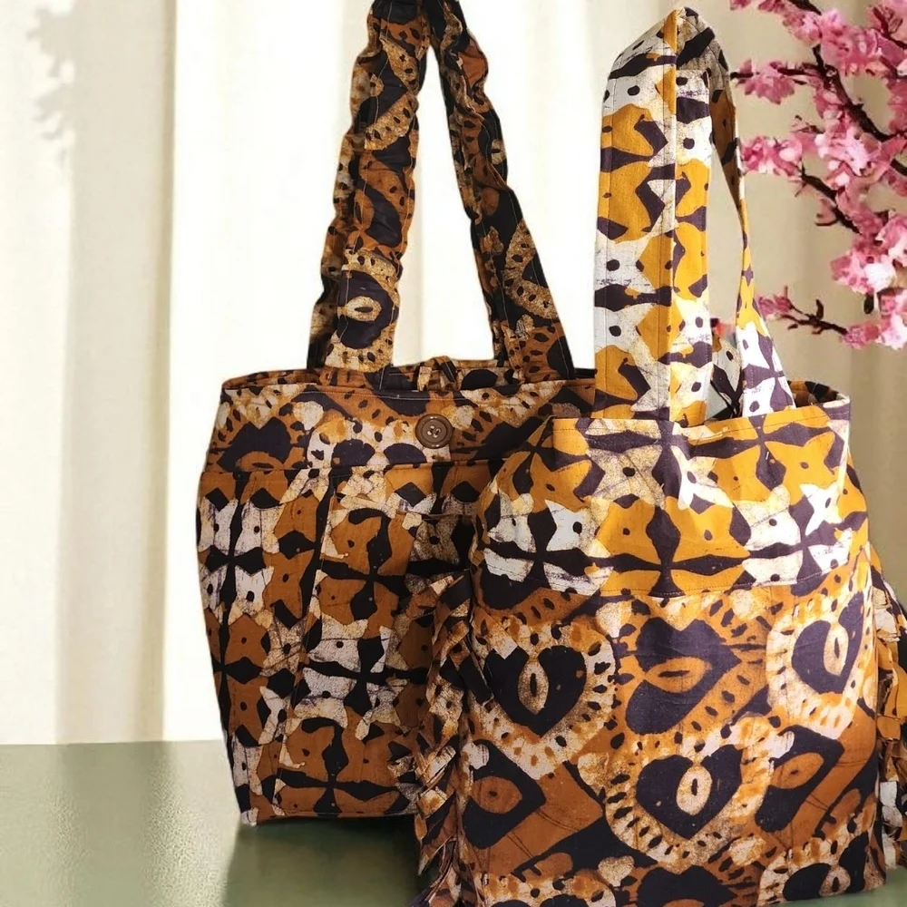 Yellow and Black Quilted Tote Bags with Geometric Patterns
